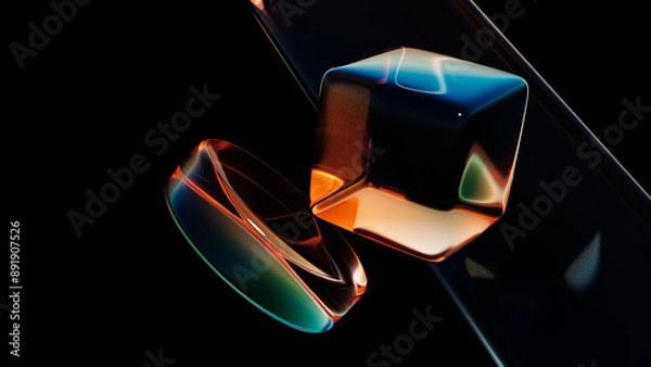 Fototapeta Abstract fluid holographic iridescent neon geometric shapes in dark background 3d render. Gradient design element for banners, backgrounds, wallpapers and covers