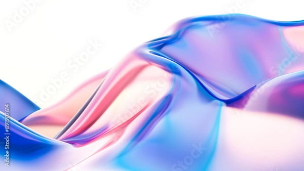 Fototapeta Abstract glass 3d render holographic colorful curved wave in motion on bright background. Gradient design element for banners, backgrounds, wallpapers, posters and covers.