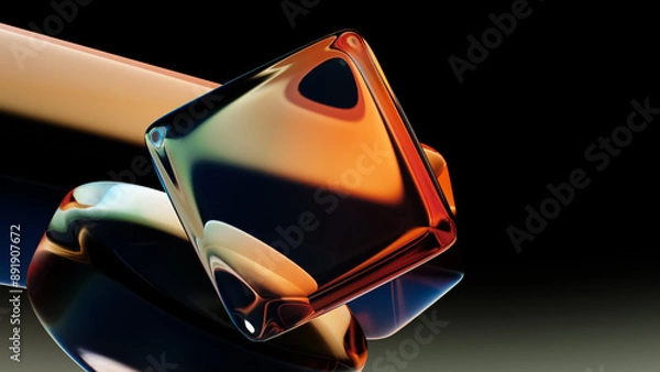 Fototapeta Abstract fluid holographic iridescent neon geometric shapes in dark background 3d render. Gradient design element for banners, backgrounds, wallpapers and covers