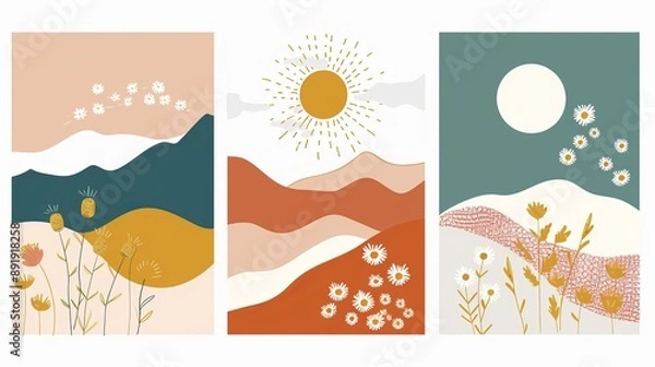 Obraz A modern triptych featuring abstract representations of the sun, moon, mountains, and flowers, each panel showcasing unique color combinations and artistic elements.