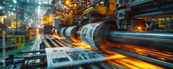 Fototapeta Close-up of a printing press in motion, high-speed production of newspapers, intricate machinery, efficient printing technology, industrial publishing, copy space