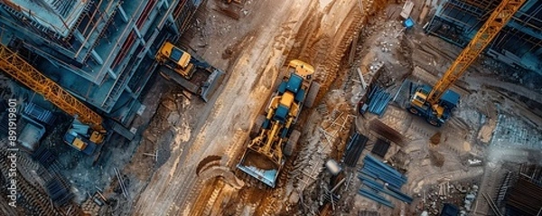 Obraz Aerial view of heavy machinery at a construction site, cranes and bulldozers in action, large-scale infrastructure project, powerful industrial equipment, building progress, copy space