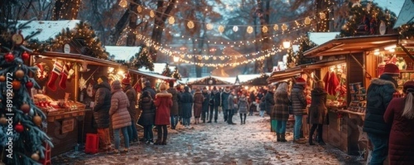Obraz Festive Christmas market bustling with people, colorful stalls selling holiday goods, twinkling lights and decorations, joyful atmosphere, cold winter evening, copy space