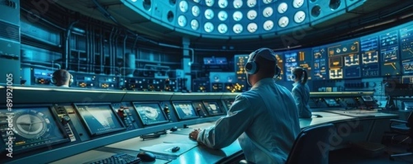 Obraz Interior of a cutting-edge nuclear power plant control room, engineers monitoring advanced equipment, high-tech energy control, safe and efficient power management, copy space