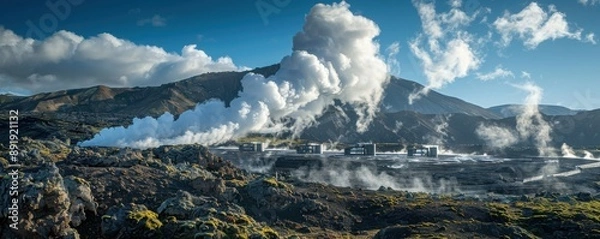 Obraz Panoramic view of a geothermal power plant emitting steam from ground vents, surrounded by rugged volcanic terrain, renewable energy solution, harnessing earth's heat, copy space