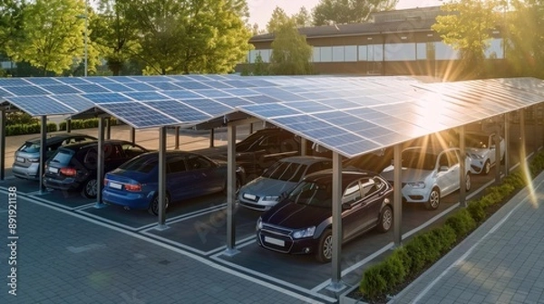 Obraz Modern solar carports in a parking lot, cars parked under solar panels, dual-purpose solar energy, efficient space use, green energy solution, urban sustainability, copy space