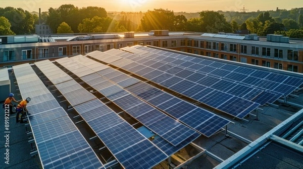 Obraz Engineers installing large solar panels on a commercial building rooftop, urban environment, renewable energy project, professional solar installation, sustainable business, copy space