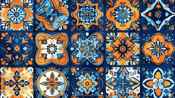 Fototapeta An ornate selection of blue and orange ceramic tiles with patterns and motifs, illustrating intricate craftsmanship and rich colors, perfect for decorative surfaces and interiors.