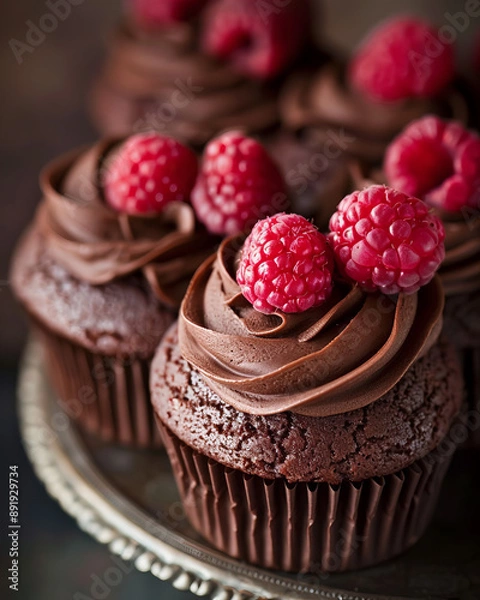 Fototapeta plate of decadent chocolate cupcakes topped with rich chocolate frosting and fresh raspberries. The setting is cozy and inviting, with additional raspberries scattered around the plate