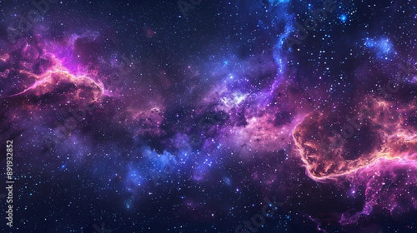 Fototapeta Horizontal background banner showcasing a night starry sky and bright purple-blue galaxy, creating a captivating and celestial backdrop.