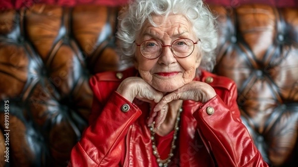 Fototapeta Cheerful elderly person in a red leather outfit accessorized with stylish glasses rings and necklaces showcasing their joyful spirit Stock Photo with copy space