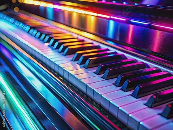 Obraz Vibrant neon lights illuminate the sleek, shiny keys of an electric piano, casting a mesmerizing glow on the surrounding darkness, evoking a sense of electronic elegance.
