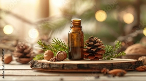 Fototapeta Small bottle containing cedar essential oil with conifer aromas surrounded by cedar branch and nuts on wooden slice on light background