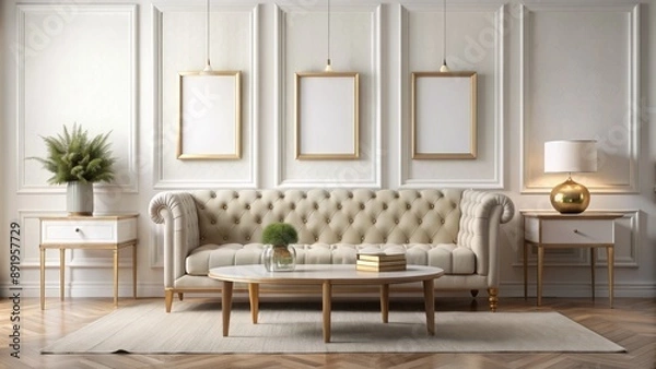 Fototapeta Elegant minimalist space featuring four artful frames on a pristine white wall, complemented by a sophisticated tufted sofa and sleek table.