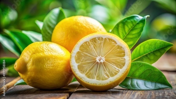 Fototapeta Vibrant yellow lemon half cut open revealing juicy pulp surrounded by lush green leaves and sliced segments on a soft focus background.