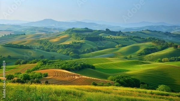 Fototapeta Rolling hills covered in farmland with a patchwork of different crops Generative AI