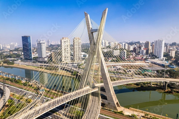 Obraz Aerial view of the Estaiada bridge. Sao Paulo Brazil. Business center. Famous cable-stayed bridge (Ponte Estaiada)