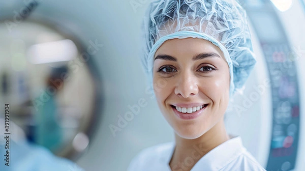 Fototapeta A woman wearing a white lab coat and a blue cap with a smile on her face. She is standing in front of a machine