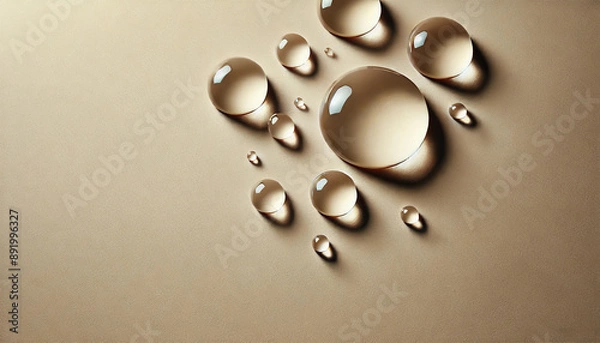 Obraz 水滴 ベージュ 表面 反射 マクロ 滑らか 丸い 光沢 光沢 きれい 詳細 リアル 散らばった クローズアップ コントラスト 光沢 孤立 球形 透明 反射 暗い 濡れている 高品質 対称的 すっきり