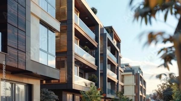 Fototapeta Fragment of Modern residential hotel with flat buildings exterior. Detail of New luxury house and home complex. Part of City Real estate property and condo architecture. Copy space. Blue sky