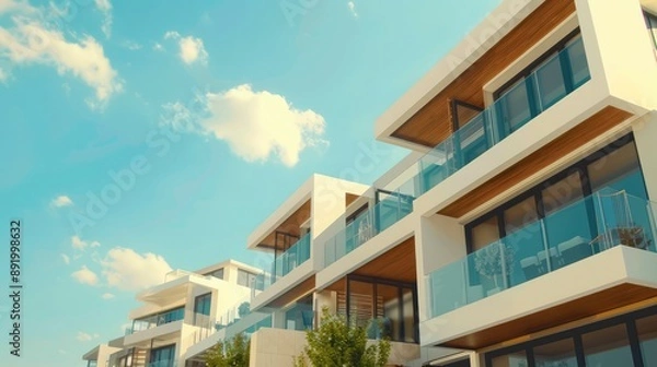 Fototapeta Fragment of Modern residential hotel with flat buildings exterior. Detail of New luxury house and home complex. Part of City Real estate property and condo architecture. Copy space. Blue sky