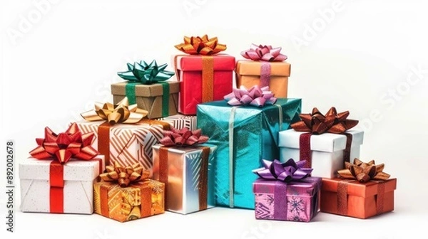 Obraz Pile of gift boxes with bows, holiday element, oil painting style, traditional colors, isolated on white background