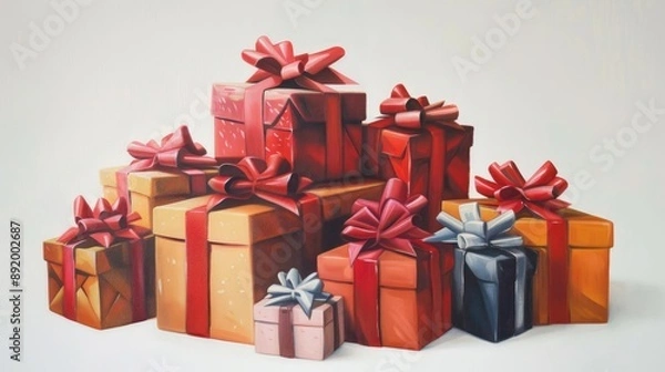 Obraz Pile of gift boxes with bows, holiday element, oil painting style, traditional colors, isolated on white background