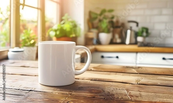 Fototapeta White Mug on a Wooden Countertop in a Kitchen