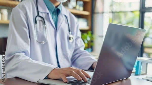 Fototapeta Doctor interacting with laptop in clinic, health tech, medical science, back perspective
