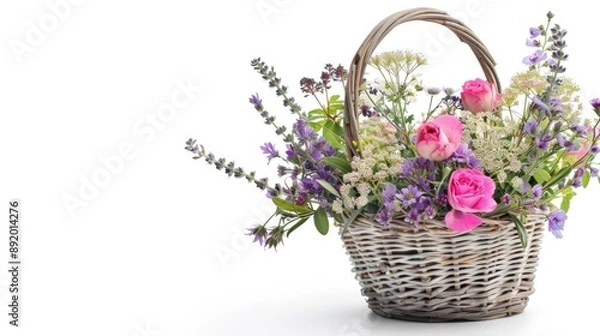 Fototapeta White background with copy space showcasing a basket filled with flowers
