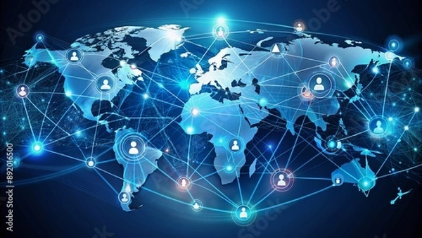 Fototapeta Global business structure illustration with interconnected nodes and lines representing networking, data exchange, customer connection, HR recruitment, global outsourcing, and customer service.