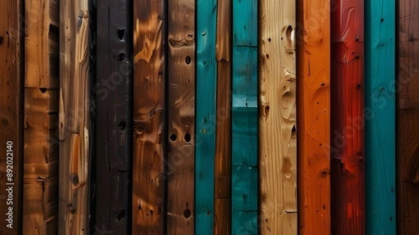Fototapeta Wood aged art architecture texture abstract block stack on the wall for background, Abstract colorful wood texture for backdrop.
