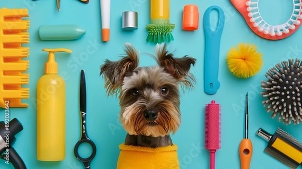 Fototapeta Miniature Schnauzer Being Groomed with Pet Grooming Tools