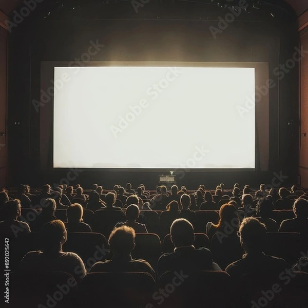 Fototapeta captivating cinema experience with a diverse crowd engrossed in a film silhouetted against a massive glowing white screen creating a dramatic contrast in the darkened theater