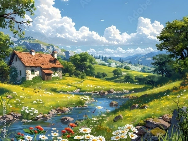 Obraz Beautiful Rural View: Generative AI Art