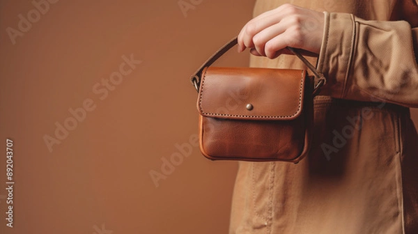 Obraz Closeup shot of a woman's hand holding small leather brown purse. Space for text