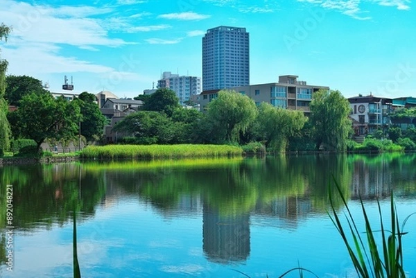 Fototapeta 池と新緑と青い空