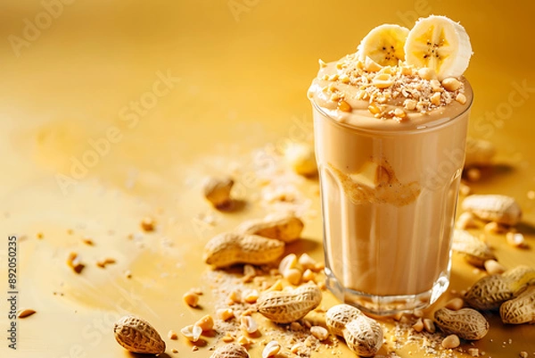 Fototapeta Creamy peanut butter banana smoothie garnished with banana slices and crushed peanuts, set against a warm yellow background.