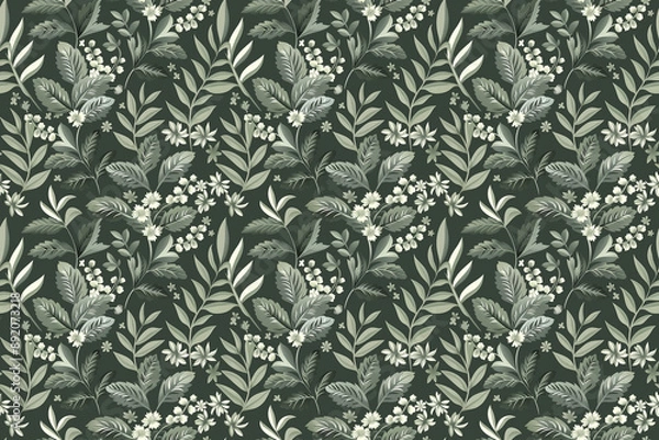 Obraz seamless pattern with leaves. intricate monochrome pattern of floral, leafy elements in shades of green, ideal for backgrounds, textile, fabric, decoration
