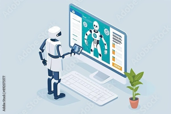 Fototapeta Robot interacts with AI software on a computer, showcasing advanced robotics and artificial intelligence in a modern setting.