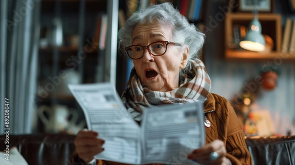 Fototapeta Shocked Old Woman with Heart Attack Over Unexpected Utility Bills and Invoice Payments