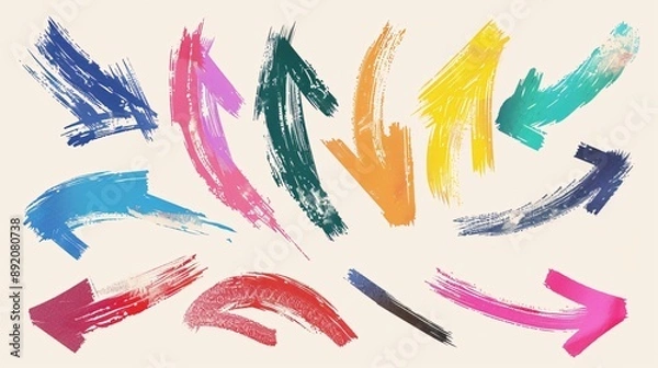 Fototapeta 5. Vibrant set of bold brush drawn curved arrows with thick, multi colored strokes and scratches, each hand drawn in different directions and styles, displayed on a minimalist background