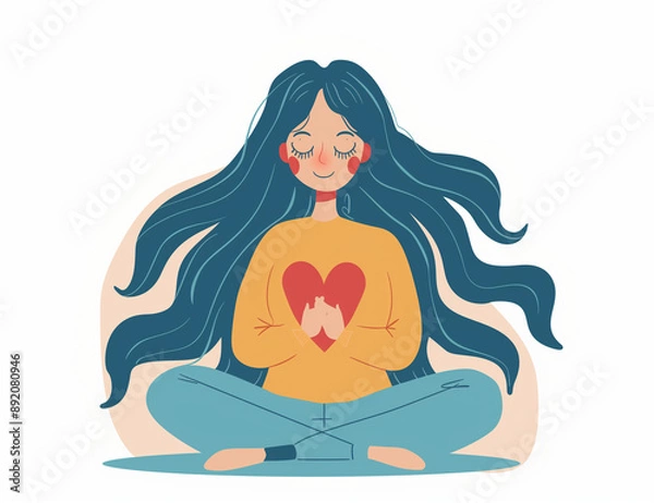 Fototapeta Young woman embraces a big red heart with mindfulness and love. Smiling female character sits in lotos pose with closed eyes and enjoys her freedom and life. Body positive and mental health concept.