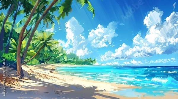 Fototapeta 5. A beautiful tropical beach lined with palm trees, soft white sand, and inviting blue waters, bathed in warm sunlight, perfect for a summer vacation