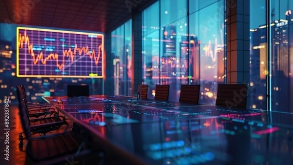 Fototapeta An advanced financial conference room equipped with digital charts and modern technology, providing a dynamic environment for financial analysis and strategic planning.