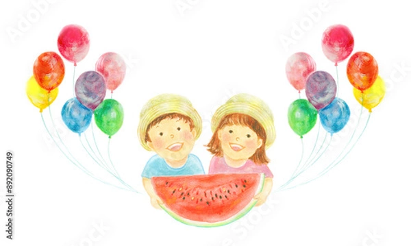 Obraz スイカを持つ子供たち　風船