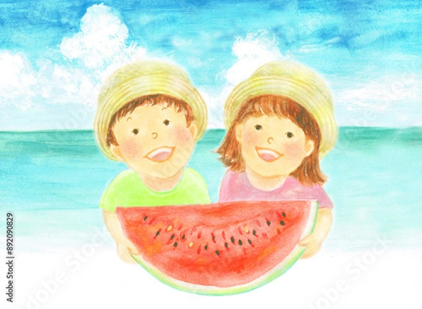 Obraz 海でスイカを持つ子供たち　手描き