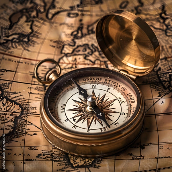 Fototapeta Antique Brass Compass on Detailed World Map Symbolizing Navigation, Exploration, and Journey