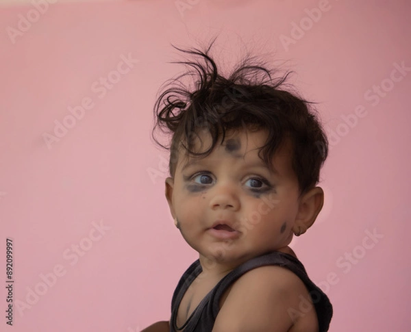 Fototapeta Curious Baby with Messy Hair and Smudged Face