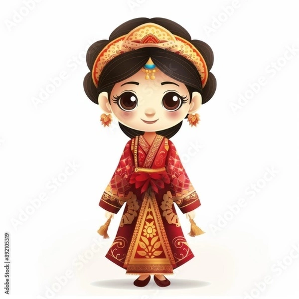 Obraz Embrace the cultural diversity of Southeast Asia with this animated girl in traditional attire, showcasing national outfits and cultural heritage through vibrant colors , Ai generative